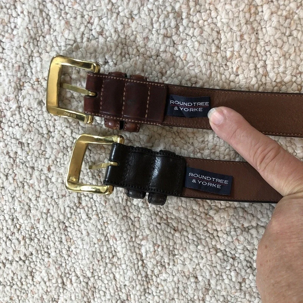 Roundtree & Yorke (2) 1 Black 1 Brown Full Grain Cowhide Dress Belt Men's 48/120 - Picture 5 of 16